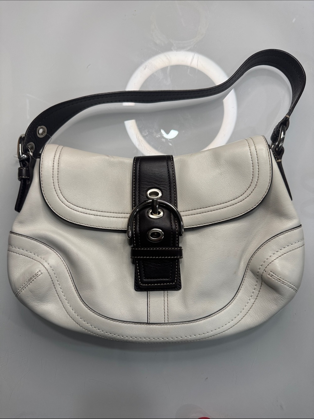 Coach SoHo White Leather Shoulder Bag with Dark Brown Trim and Buckle